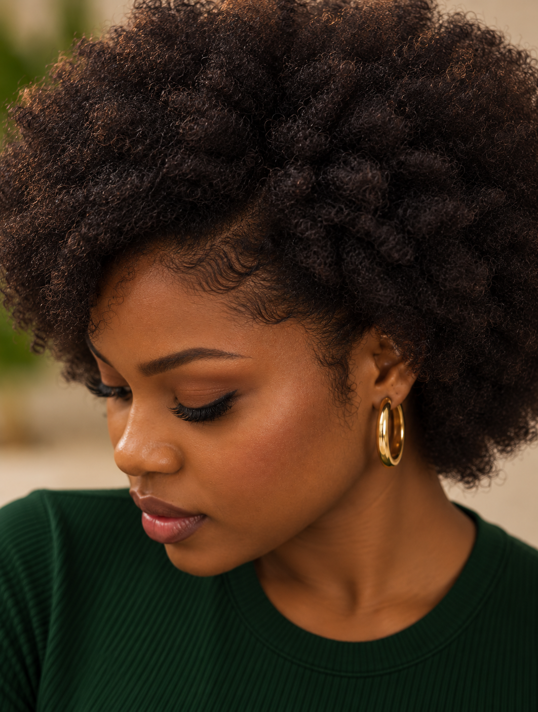 Woman with healthy natural curls demonstrating her Shumie hair care journey