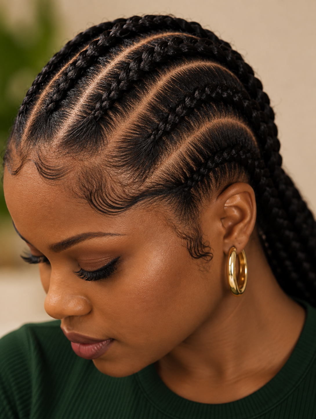 Close-up of a protective braided style and healthy-looking hairline